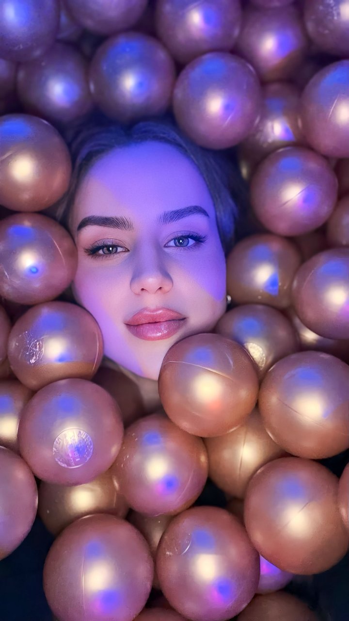 Mimi portrait among iridescent balls