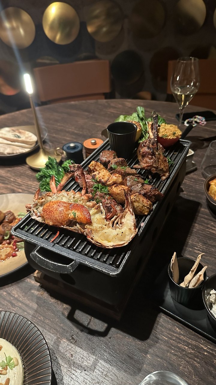 Grilled seafood and meat platter
